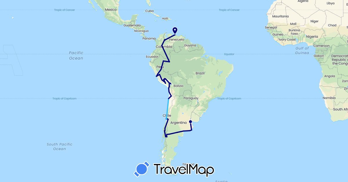 TravelMap itinerary: driving, boat in Argentina, Chile, Colombia, Peru, Venezuela (South America)